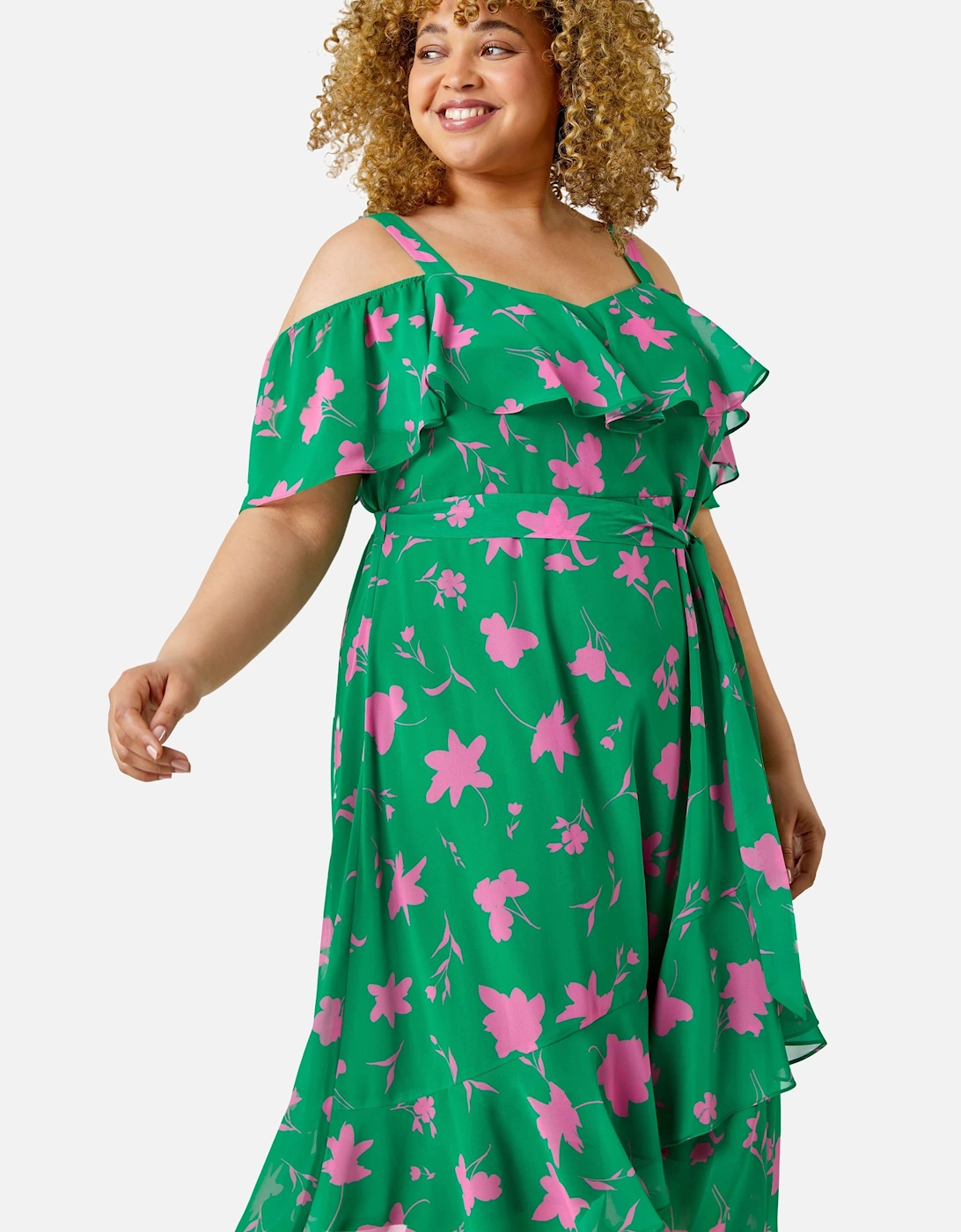 Curve Floral Cold Shoulder Chiffon Frill Dress, 2 of 1