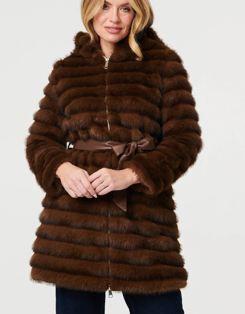 Faux Fur Striped Tie Waist Longline Coat