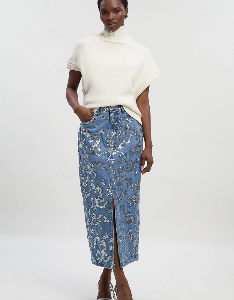 Sequin Denim Pencil Skirt