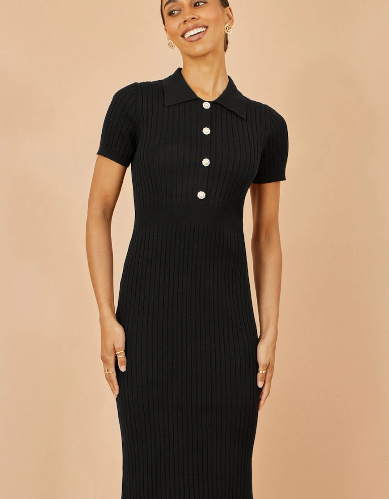 Black Fitted Rib Knitted Midi Dress With Daisy Buttons
