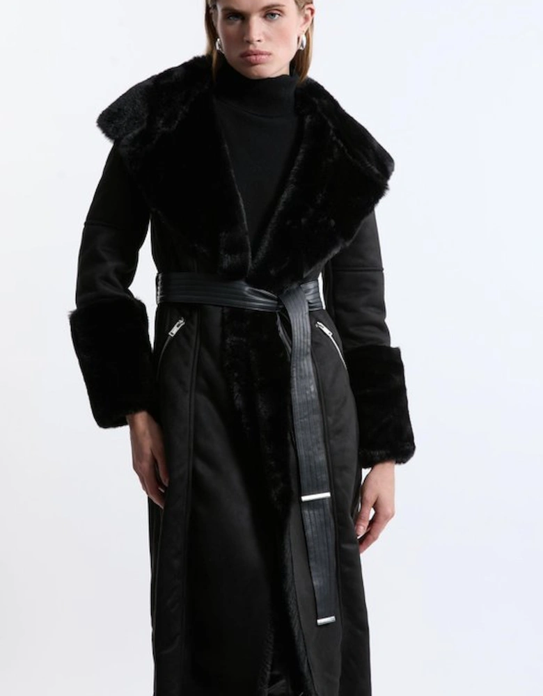 Faux Shearling Collar & Cuff Belted Midi Coat