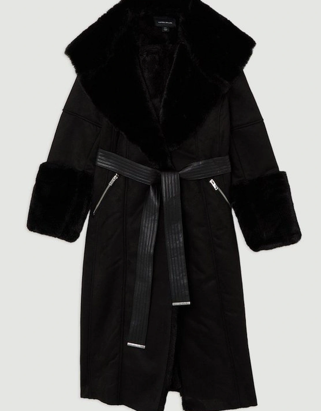 Faux Shearling Collar & Cuff Belted Midi Coat
