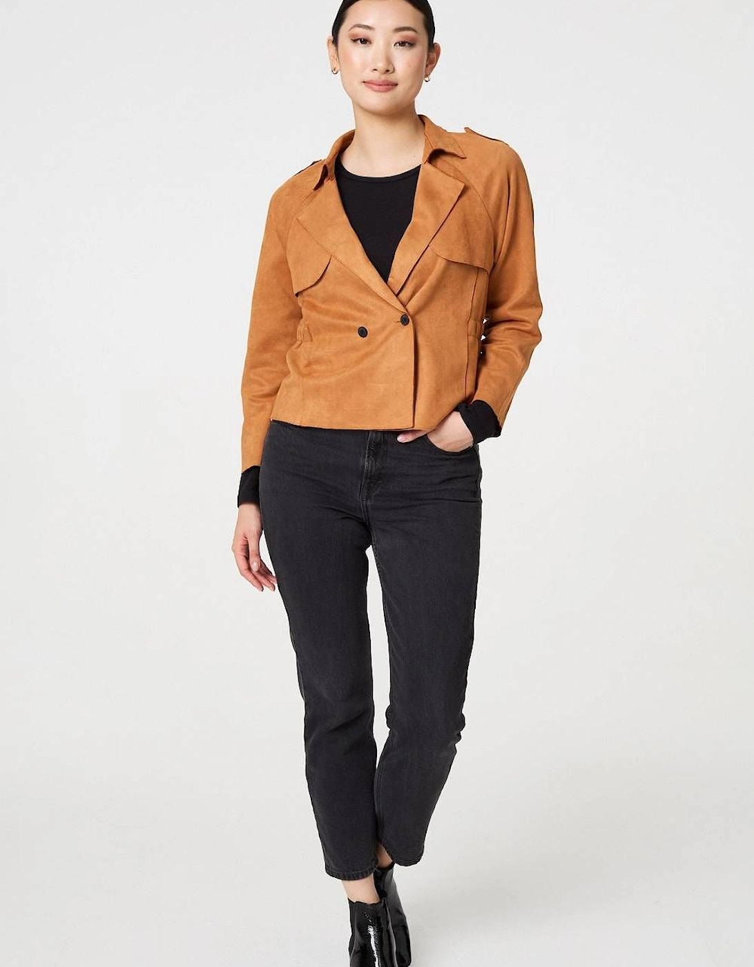 Suede Texture 3/4 Sleeve Cropped Trench Coat, 2 of 1