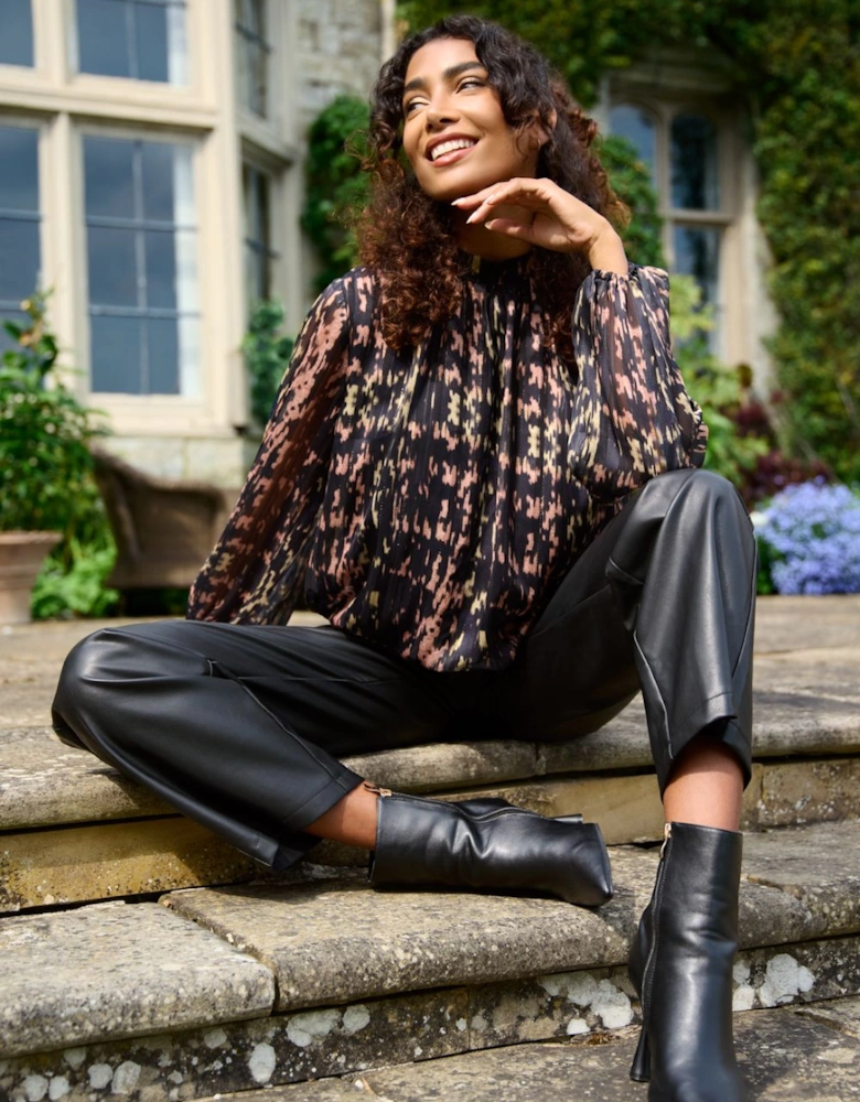 High Neck Abstract Cuff Sleeve Blouse