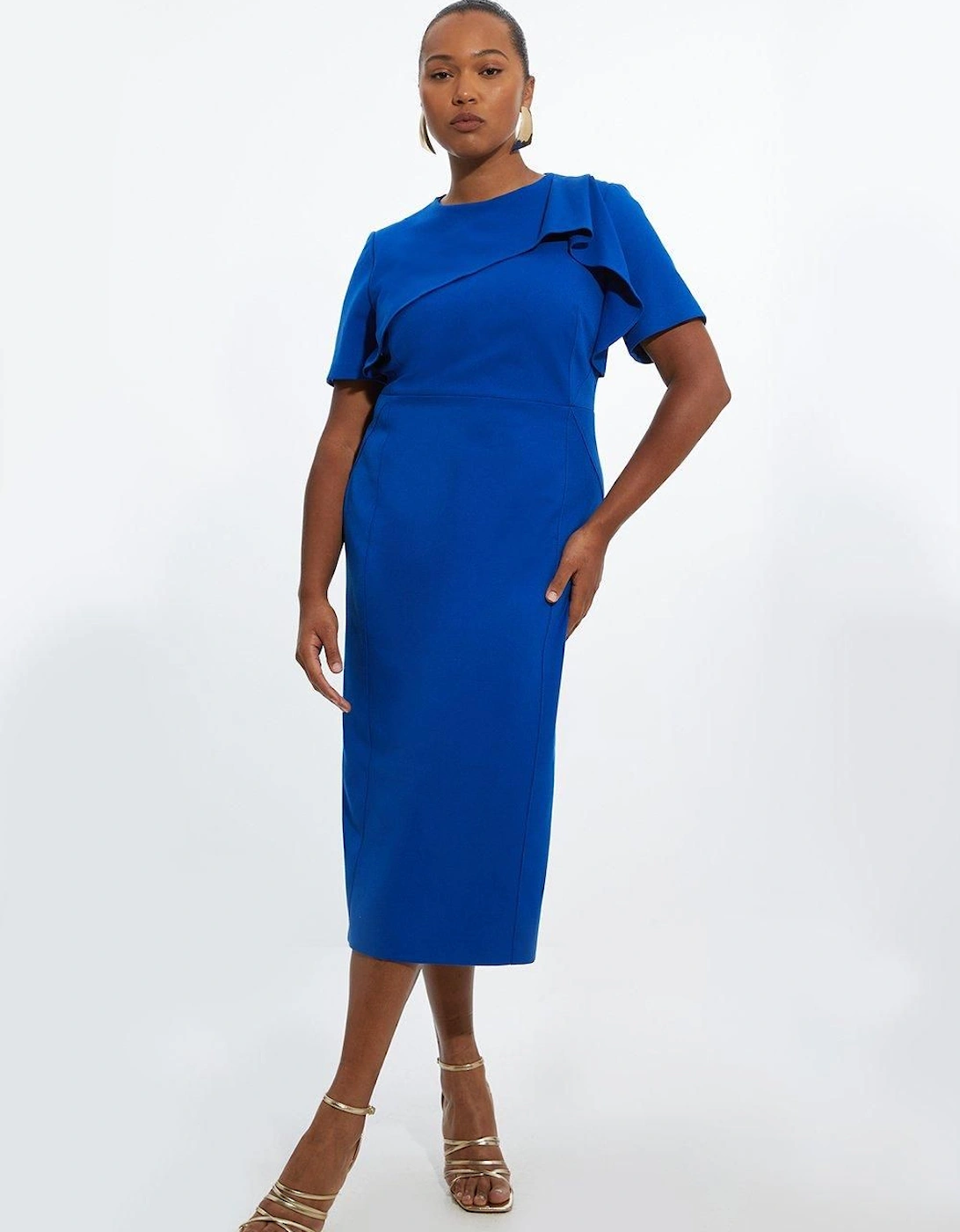 Plus Size Tailored Structured Crepe Ruffle Detail Pencil Midi Dress, 2 of 1