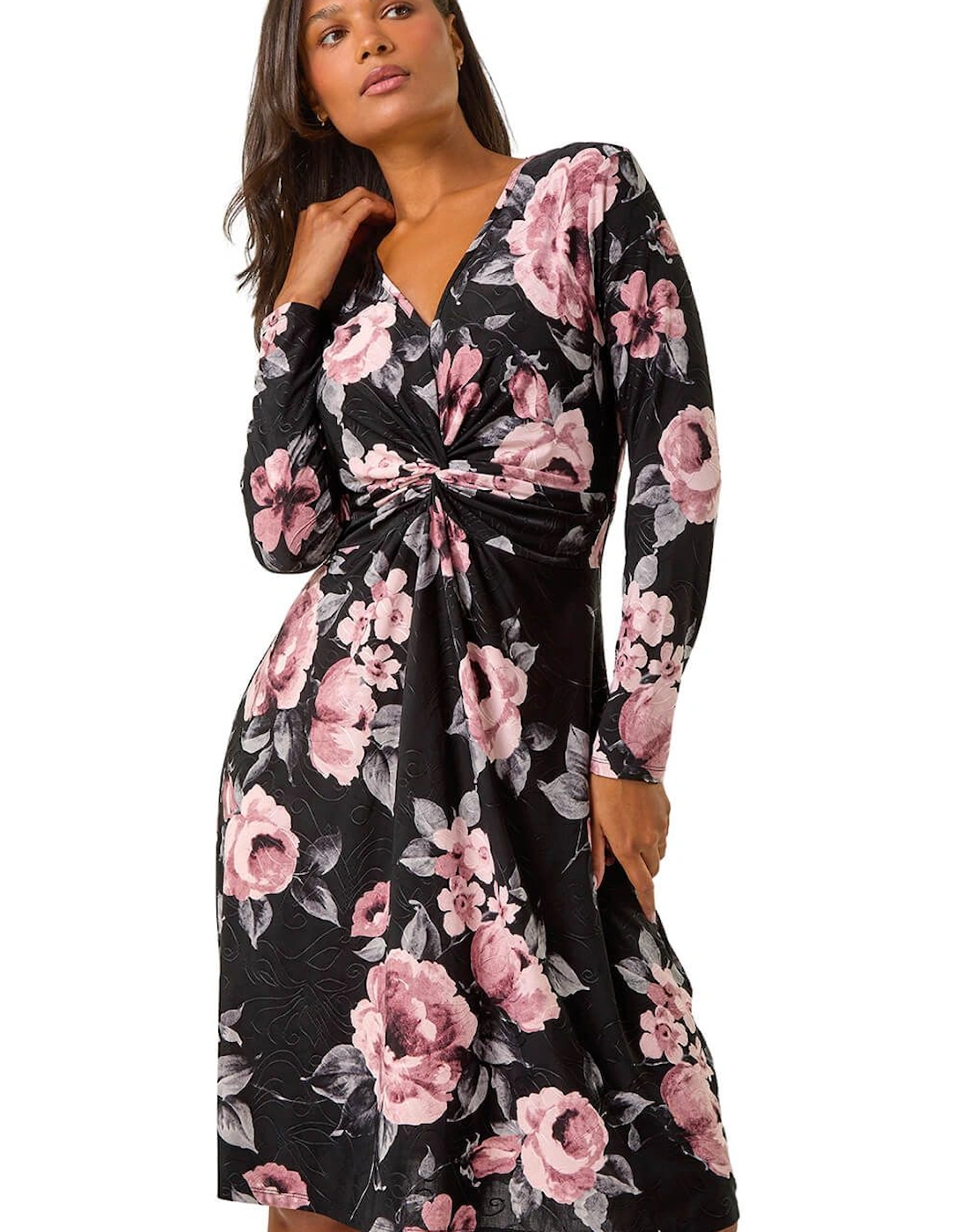 Floral Print Twist Front Stretch Midi Dress, 2 of 1