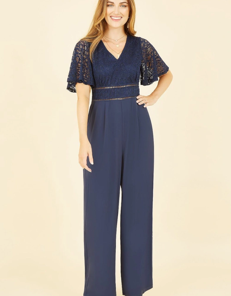 Navy Lace Bodice Jumpsuit With Kimono Sleeve