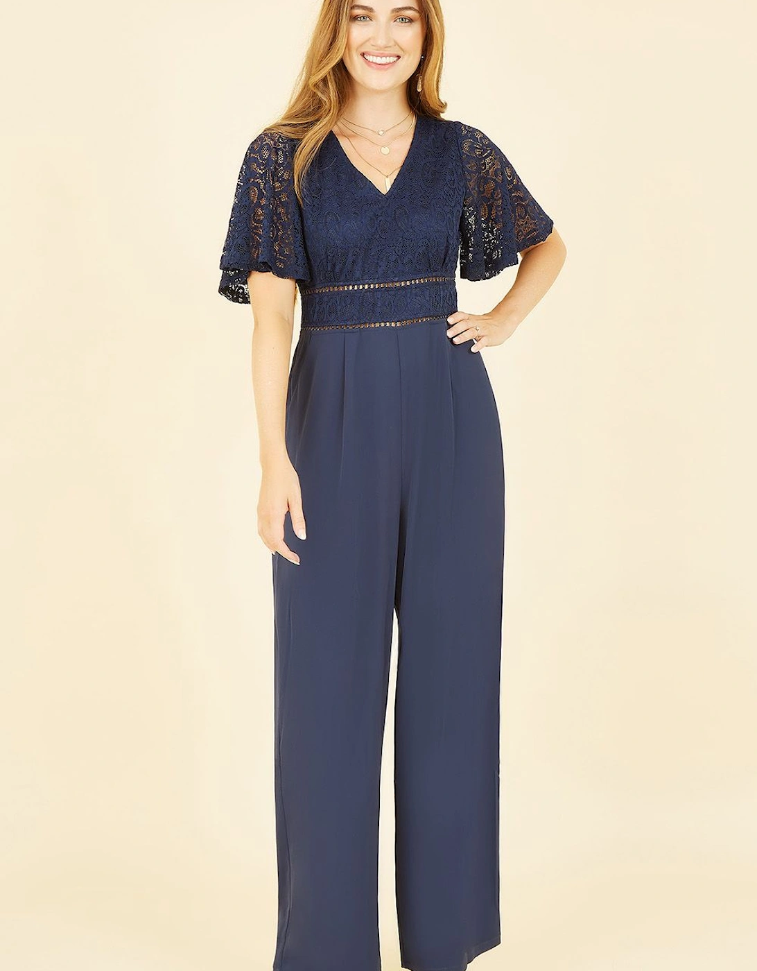 Navy Lace Bodice Jumpsuit With Kimono Sleeve, 2 of 1