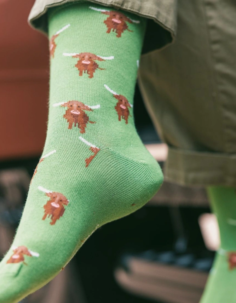 Highland Cow Women's Bamboo Socks, Green