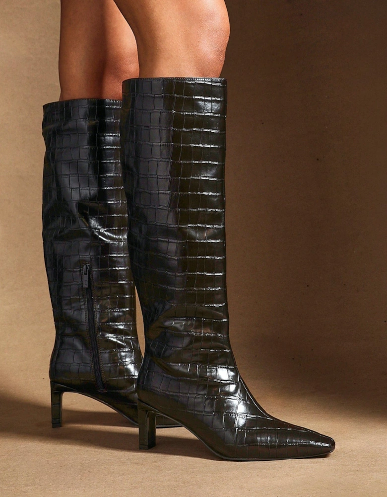 Uptown Brown Faux Croc Knee High Boot