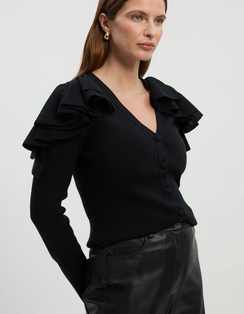 Compact Wool Look Ruffle V Neck Cardigan