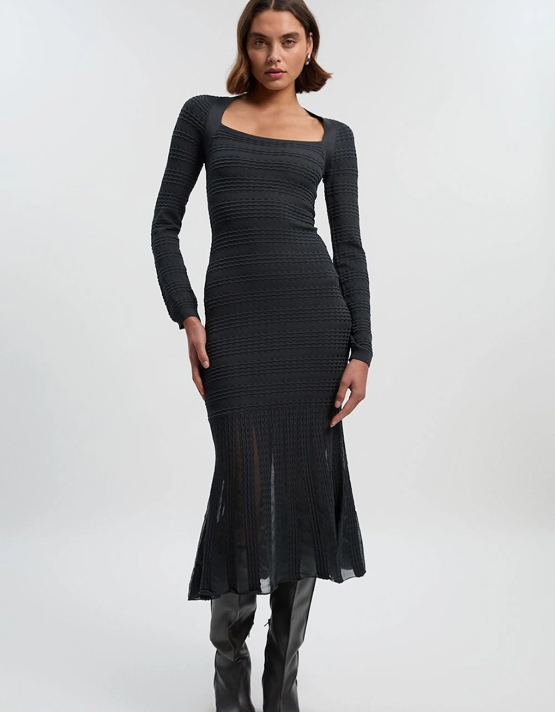 Pointelle Stitch Detail Sheer Panel Knit Midi Dress, 2 of 1