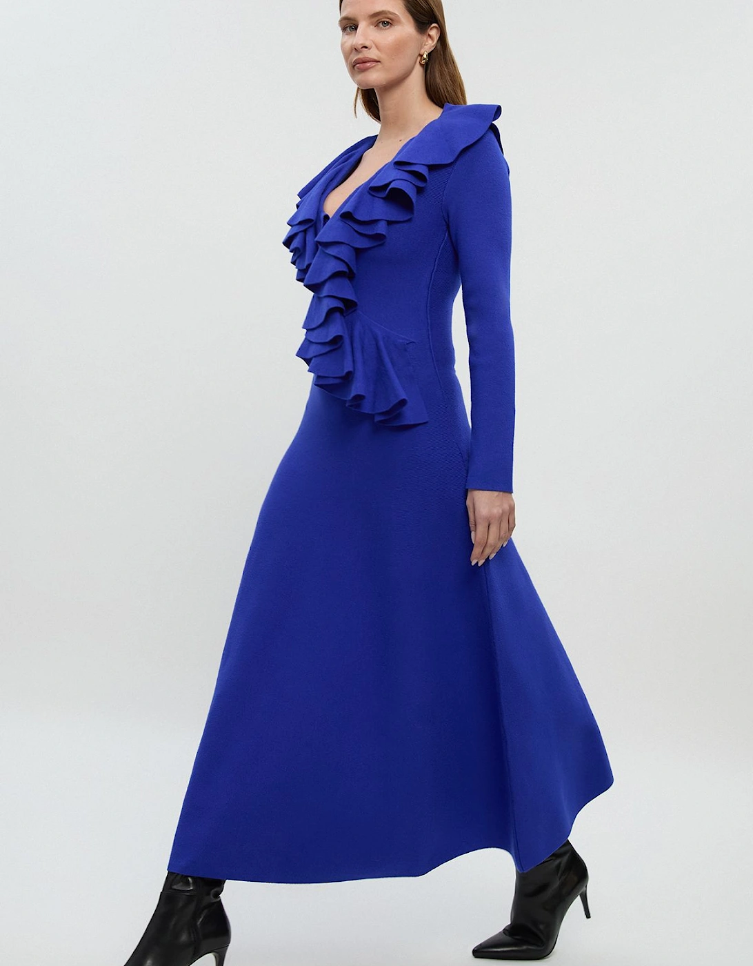 Compact Wool Look Ruffle V Neck Midi Dress, 2 of 1