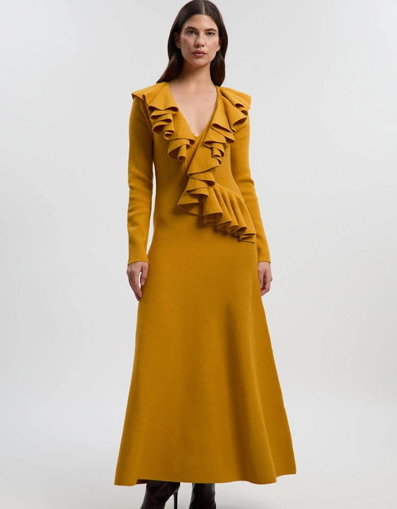 Compact Wool Look Ruffle V Neck Midi Dress