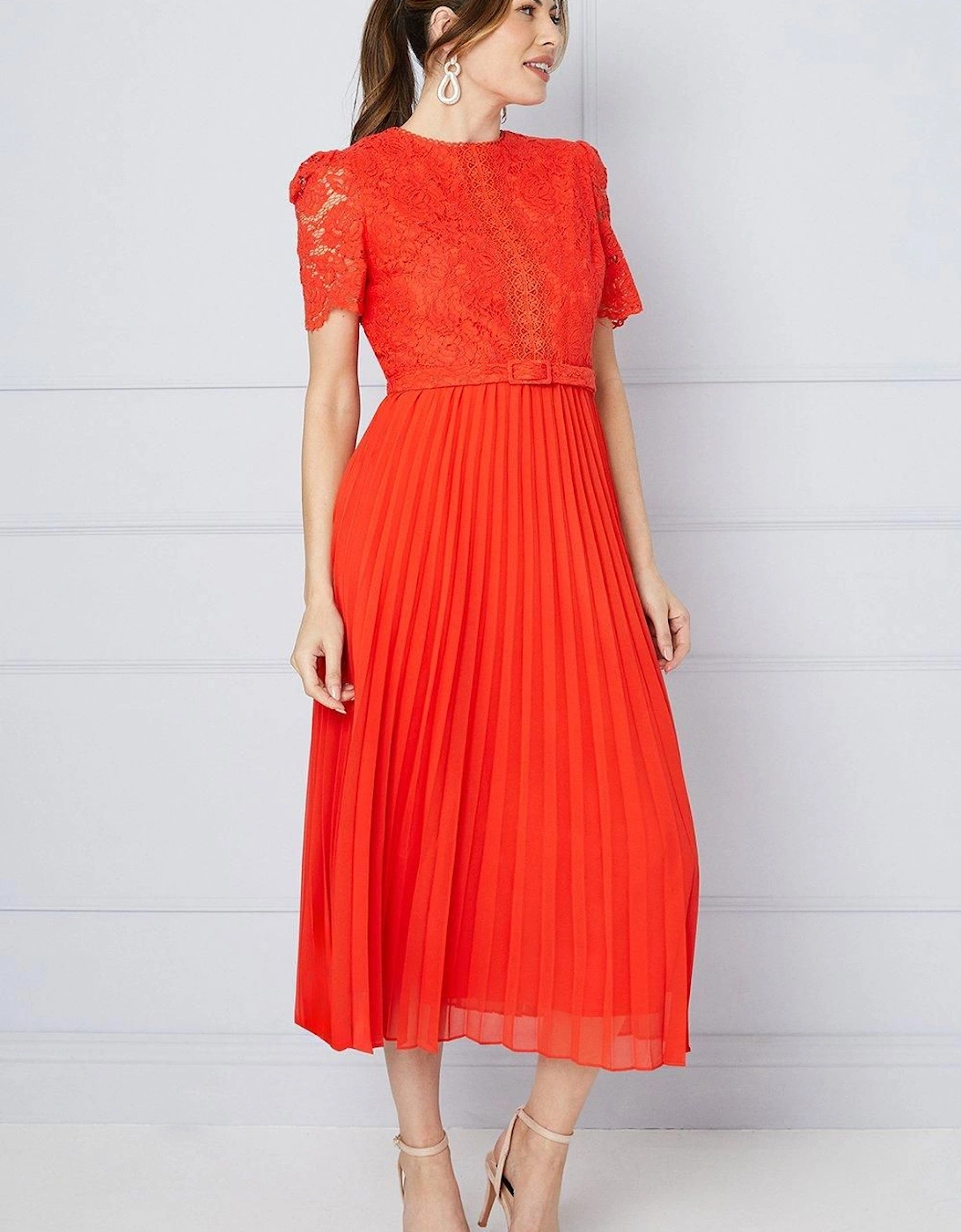 Premium Lace Belted Pleated Midi Dress, 2 of 1