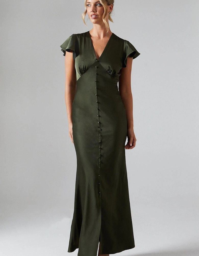 Button Detail V Neck Satin Bridesmaid Midaxi Dress