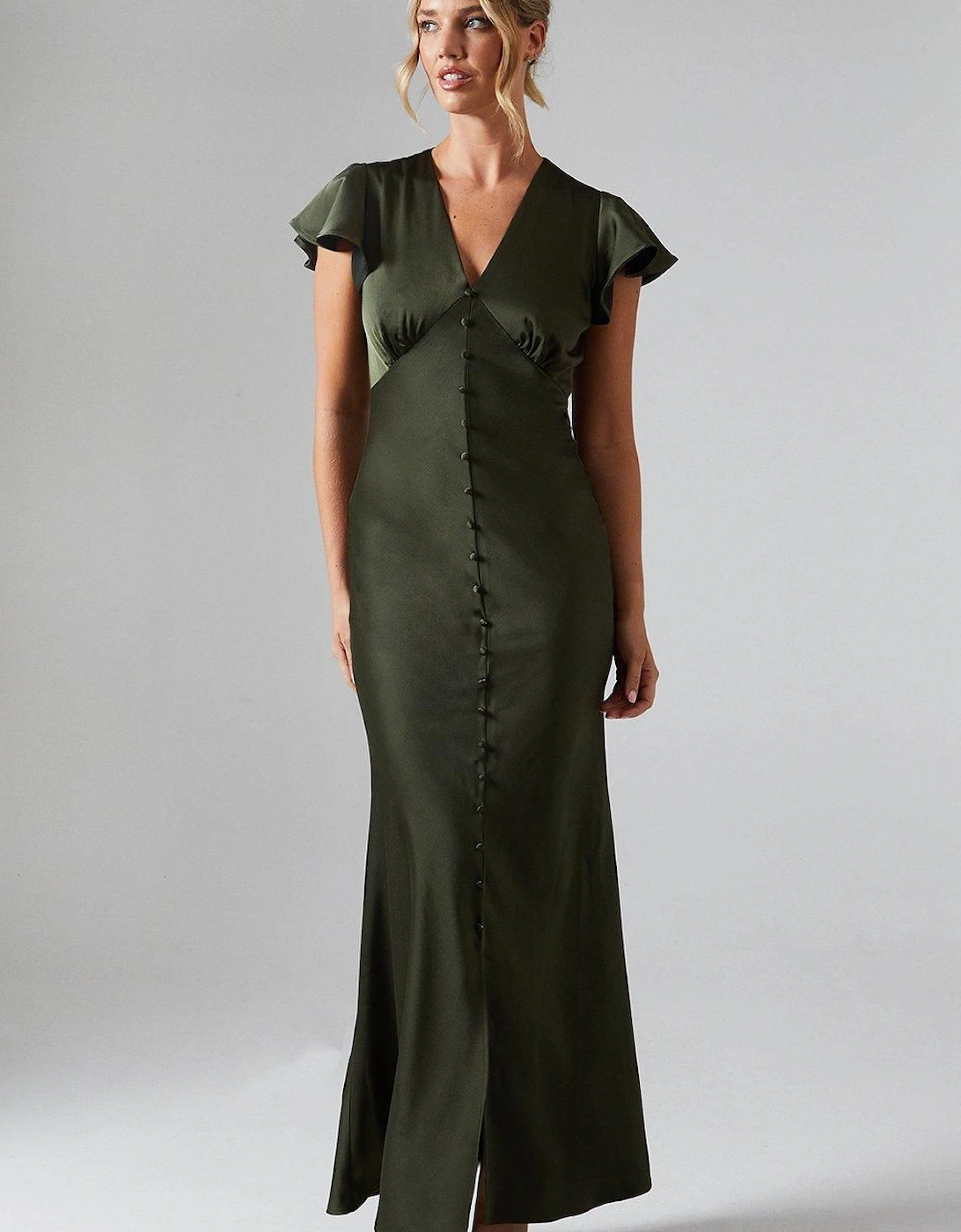 Button Detail V Neck Satin Bridesmaid Midaxi Dress, 2 of 1