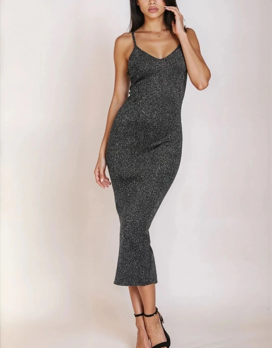Black Metallic Knit Ribbed Midi Dress, 2 of 1