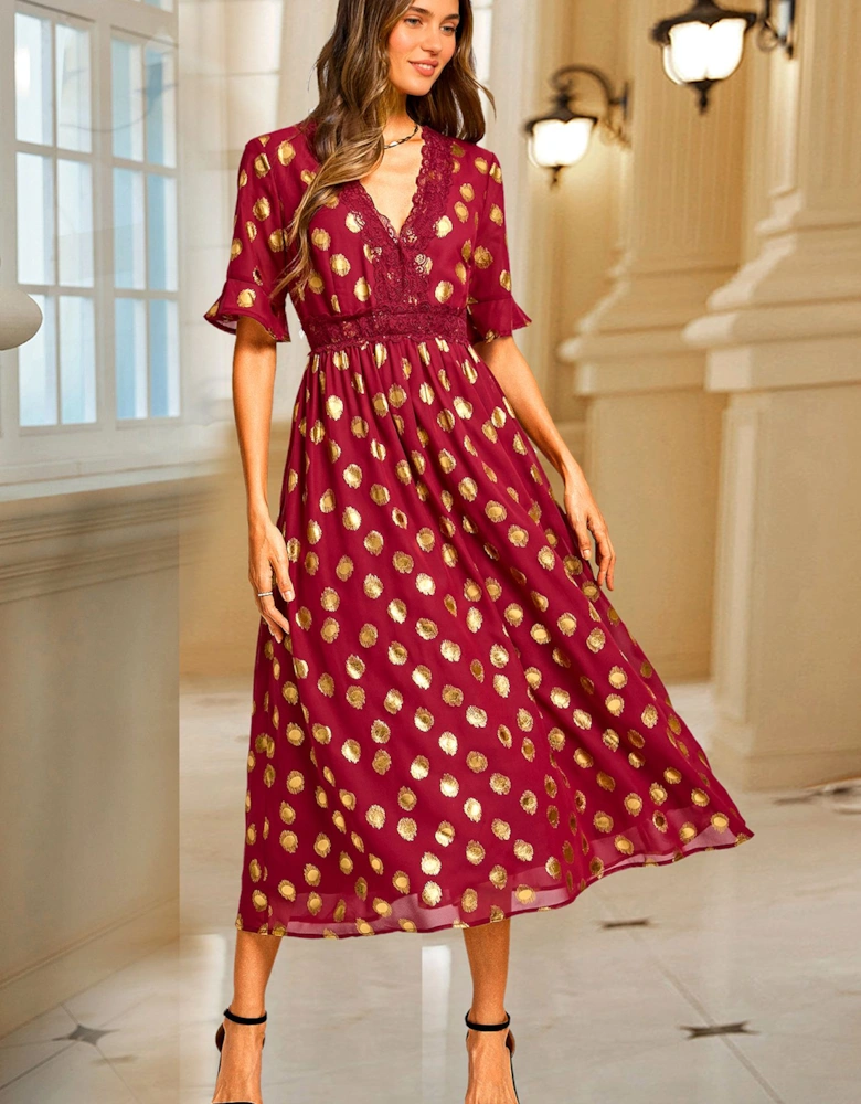 Gold Foil Lace Trim V Neck Maxi Dress In Wine