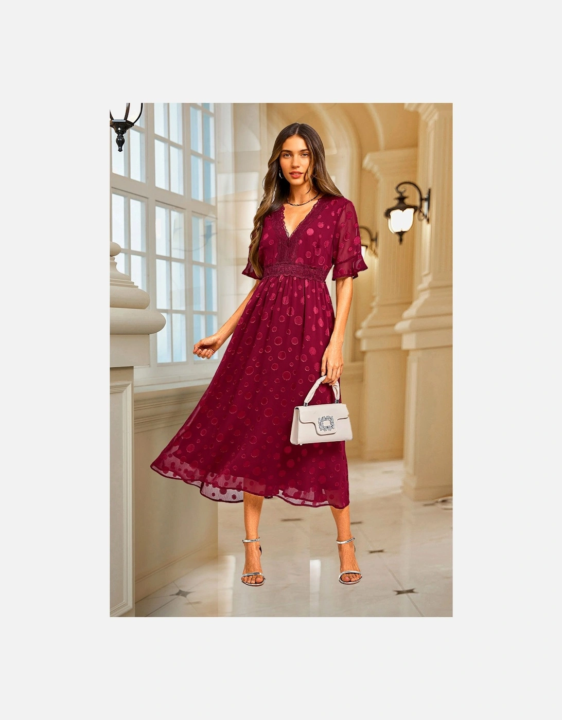 Polka Dot Jacquard Lace Trim V Neck Maxi Dress In Wine, 2 of 1
