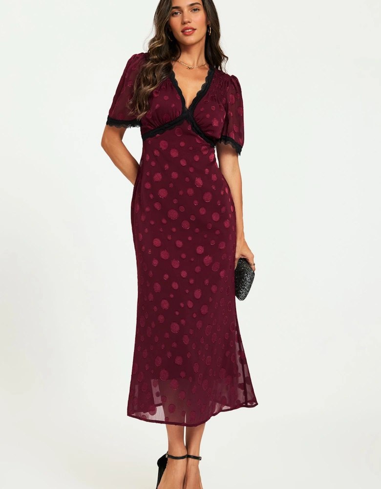 Polka Dot Jacquard Lace Trim Midi Dress In Wine
