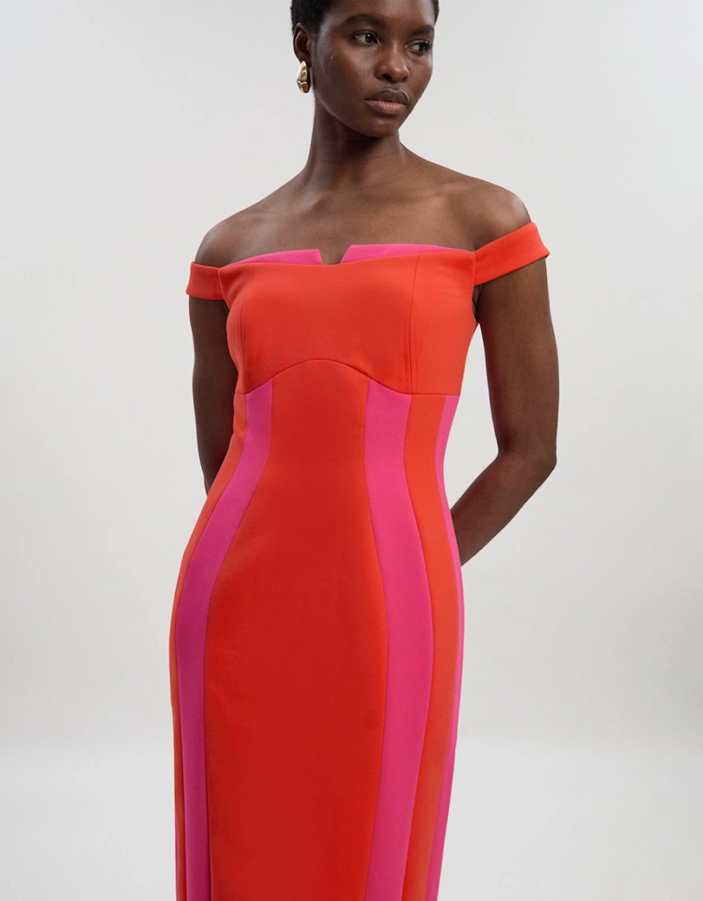 Compact Stretch Colour Block Tailored Bardot Midi Dress
