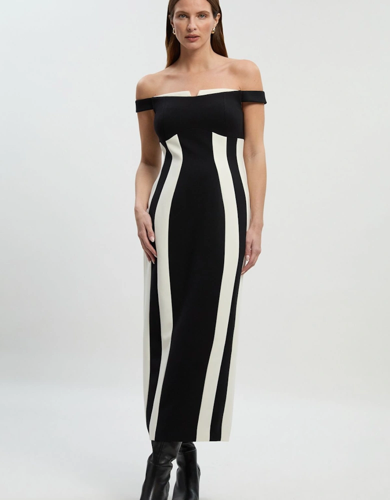 Compact Stretch Colour Block Tailored Bardot Midi Dress