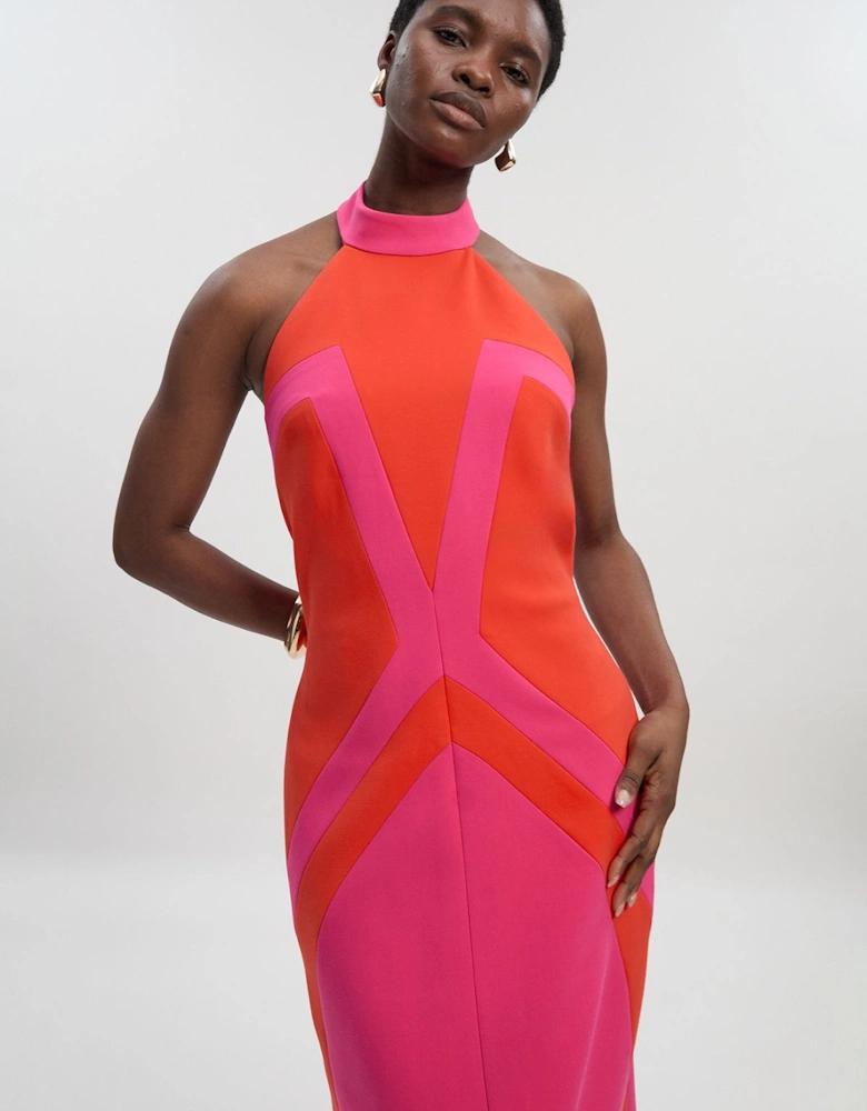 Compact Stretch Colour Block Tailored Halter Neck Midi Dress