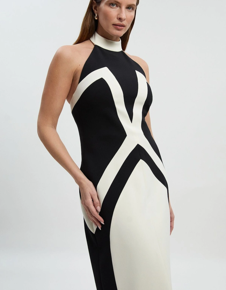 Compact Stretch Colour Block Tailored Halter Neck Midi Dress