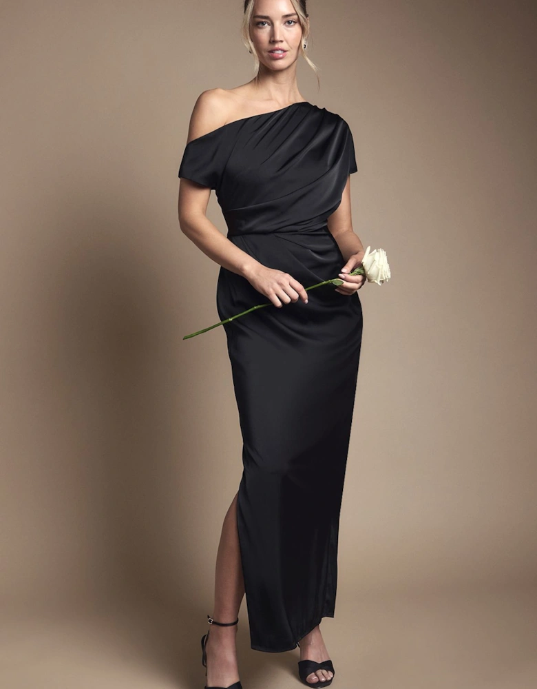 Satin Ruched Detail Off The Shoulder Maxi Bridesmaid Dress