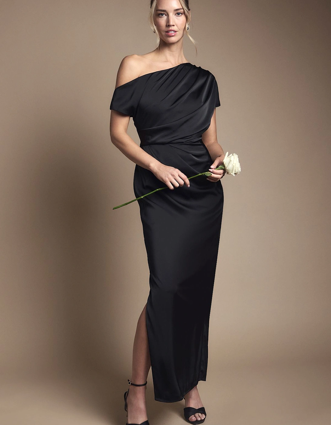 Satin Ruched Detail Off The Shoulder Maxi Bridesmaid Dress, 2 of 1
