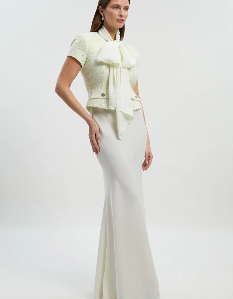 Boucle Tailored Tie Neck Satin Mix Midi Dress