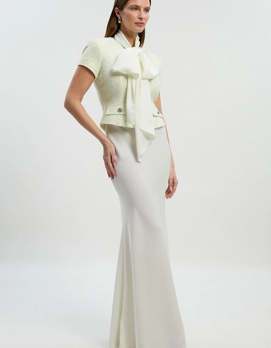 Boucle Tailored Tie Neck Satin Mix Midi Dress, 2 of 1