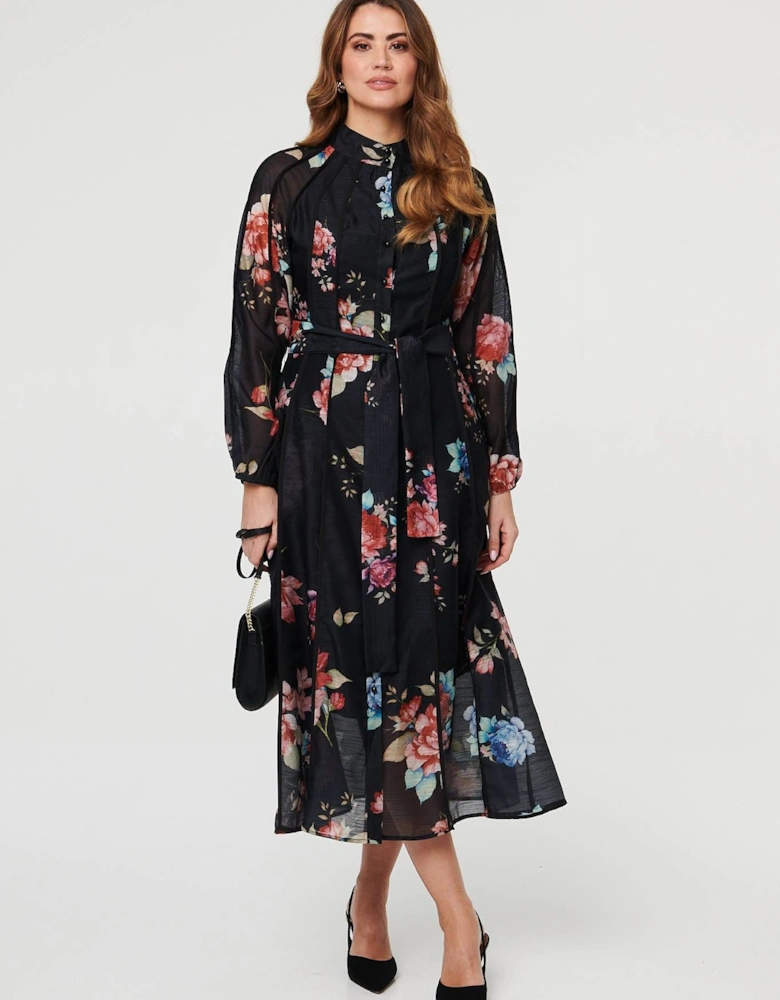 Floral Semi Sheer Tie Waist Midi Dress