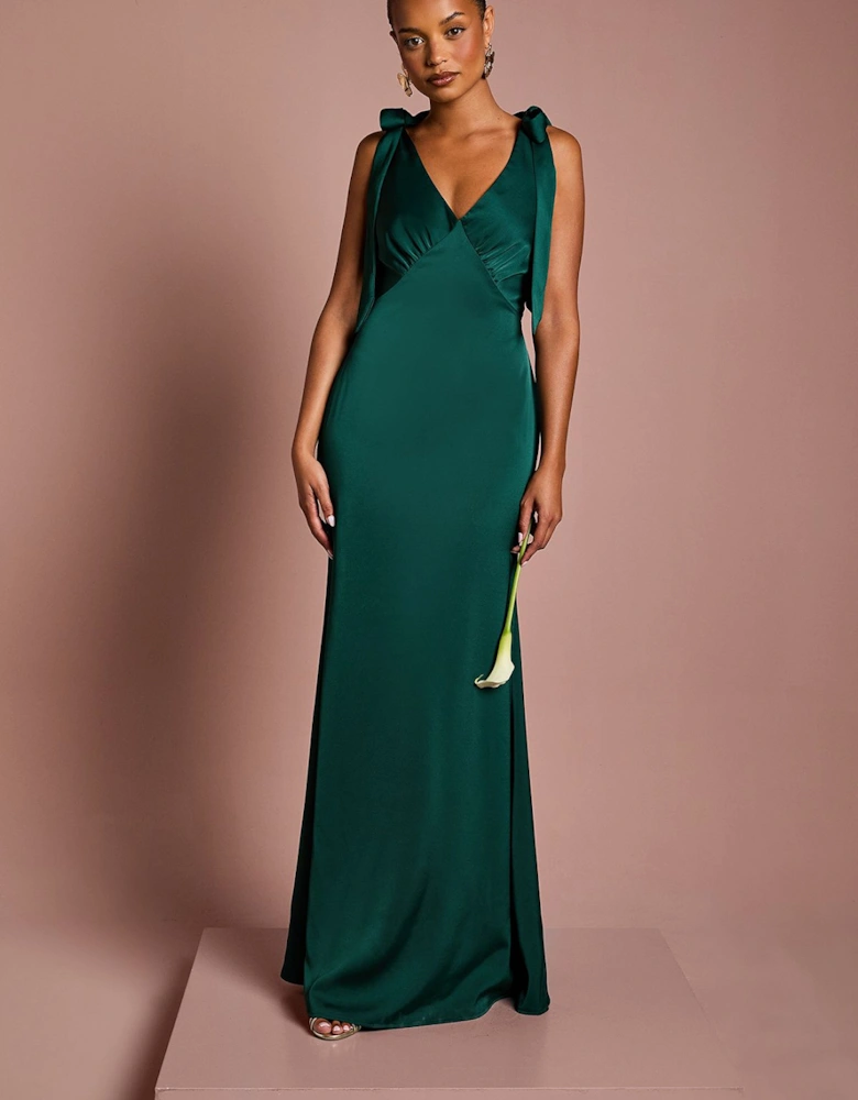 Honoured Petite Satin Back Crepe V Neck Tie Shoulder Maxi Bridesmaid Dress