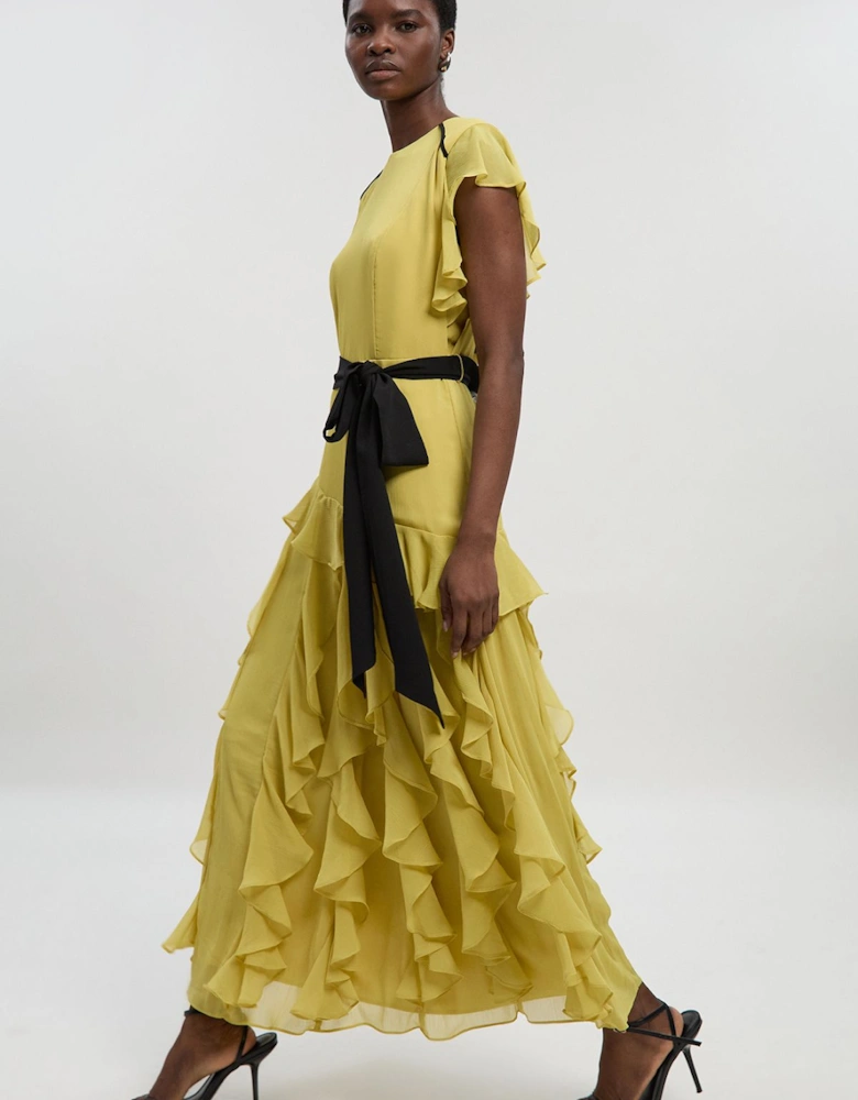Ruffle detail chiffon belted woven maxi dress