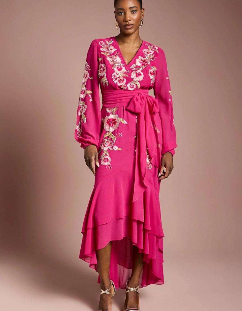 Sequin Embellished And Embroidered High Low Maxi Dress