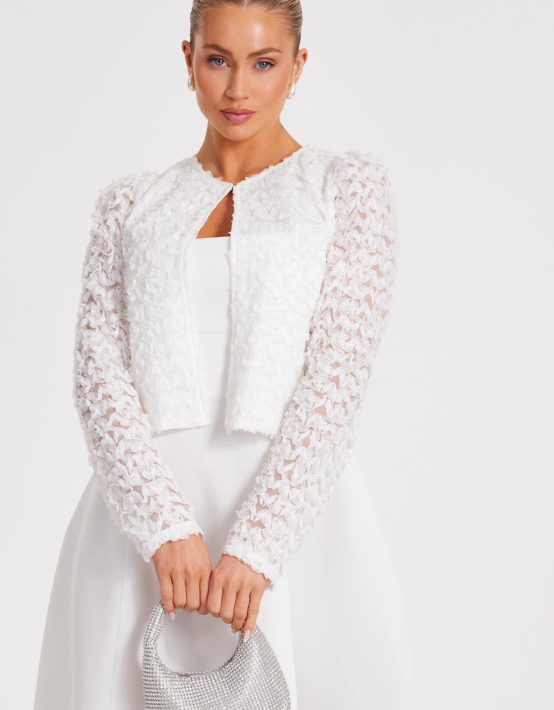 Off White Chiffon Floral Cropped Jacket