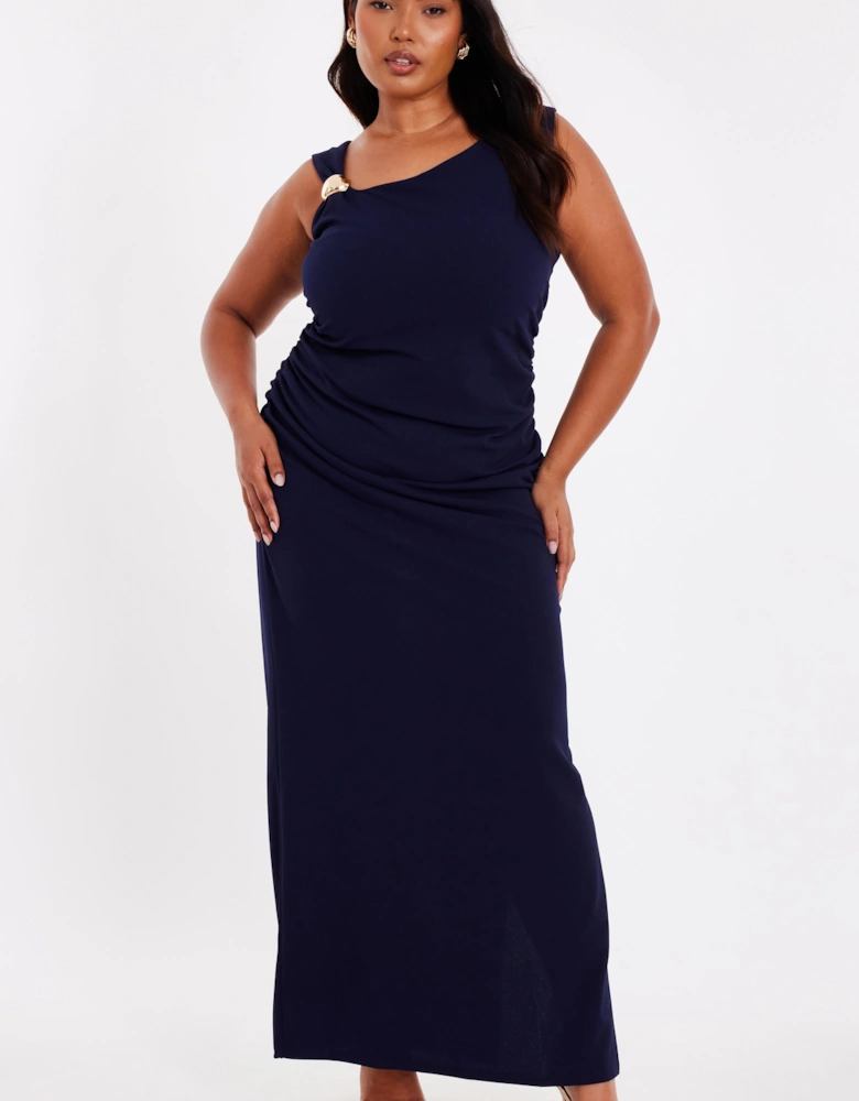 Navy Curve Buckle Detail Midaxi Dress
