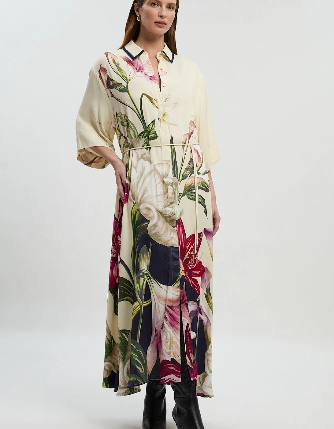 Viscose Satin Floral Printed Oversized Shirt Woven Maxi Dress, 2 of 1