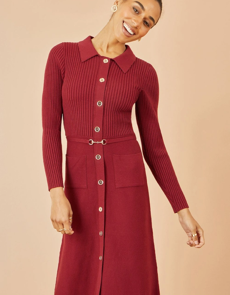 Burgundy Rib Knit Midi Shirt Dress With Snaffle Belt
