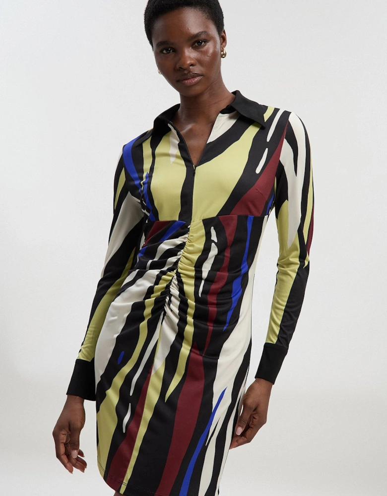 Tall Abstract Zebra Print Ruched Detail Collared Mini Crepe Shirt Dress