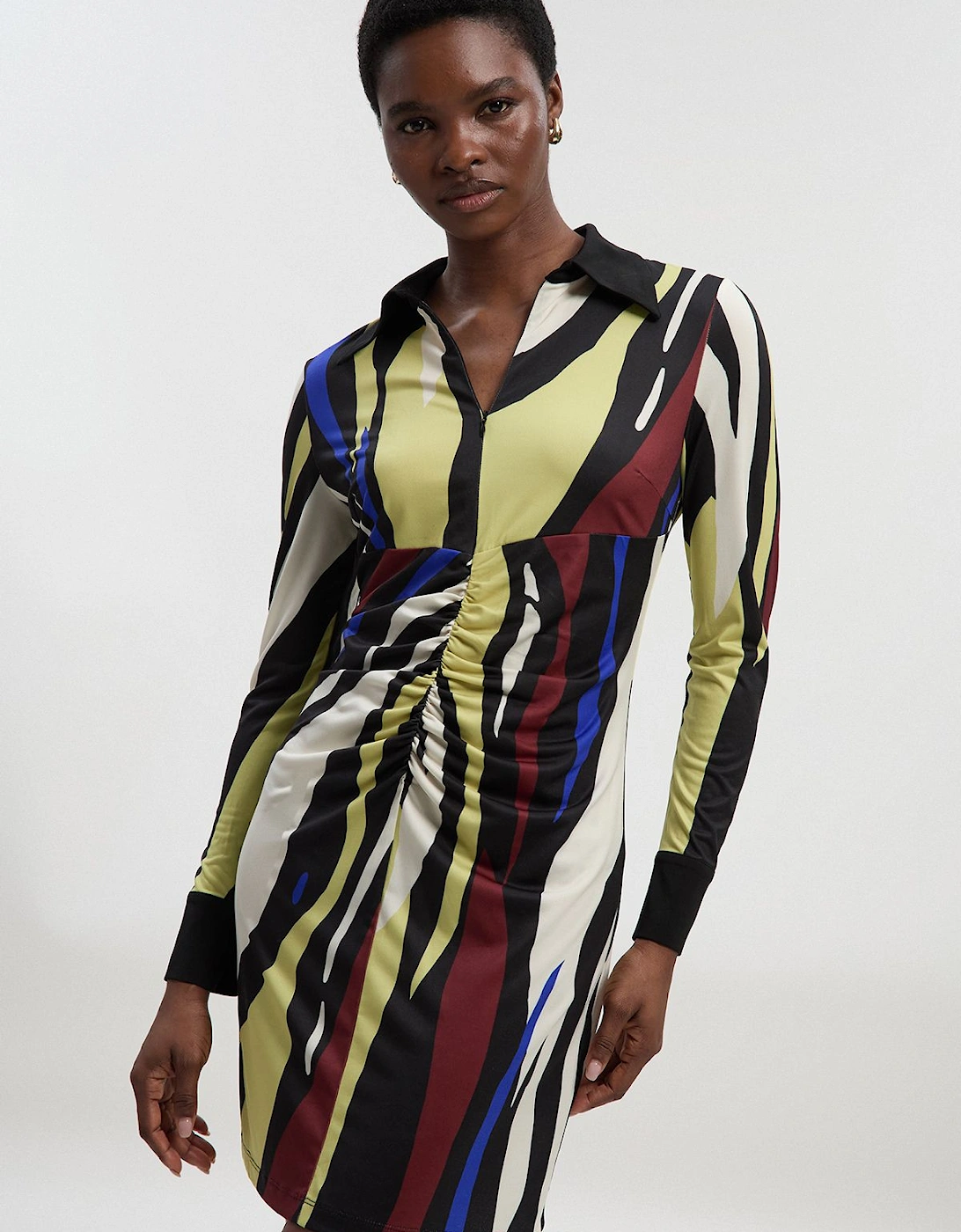 Tall Abstract Zebra Print Ruched Detail Collared Mini Crepe Shirt Dress, 2 of 1