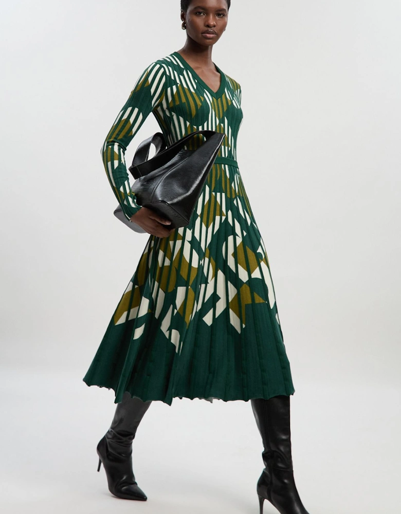 Geo Jacquard Knit Full Skirted Midi Dress