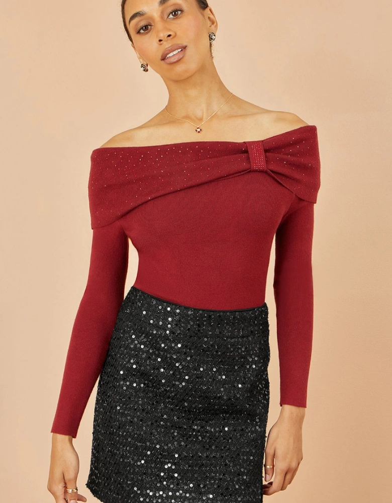 Burgundy Sparkle Bardot Jumper With Diamante Detail