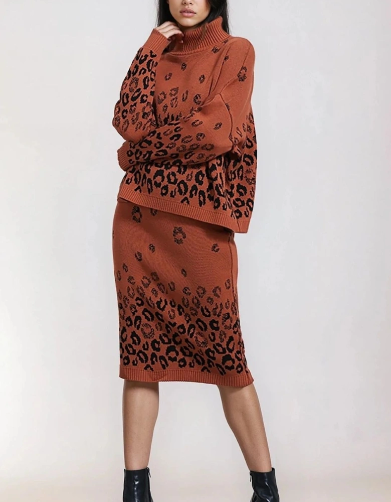 Knitted Leopard Midi Skirt And Jumper Co-Ord Set
