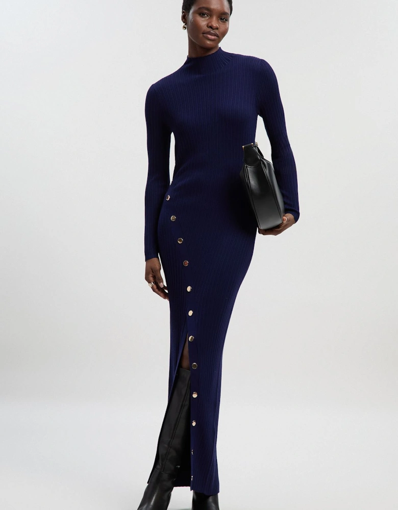 Viscose Blend Popper Detail Split Knit Midi Dress