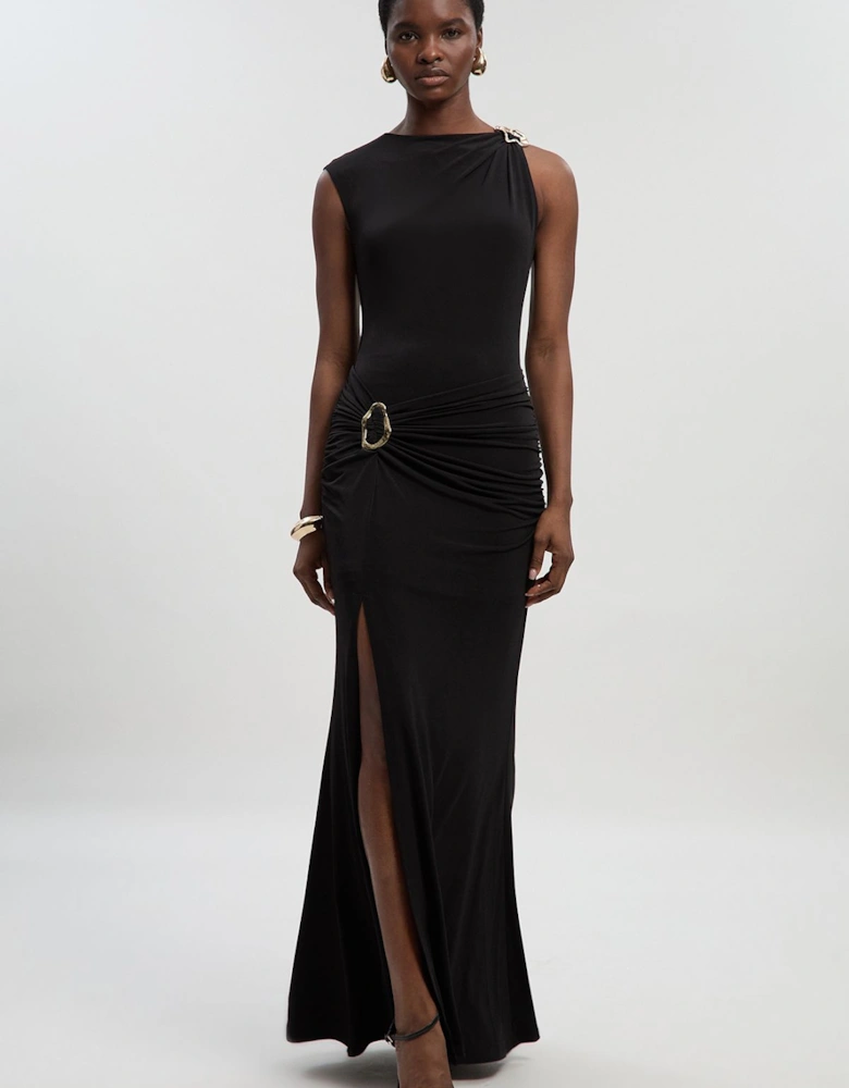 Drapey Crepe Trim Detail Ruched Maxi Dress