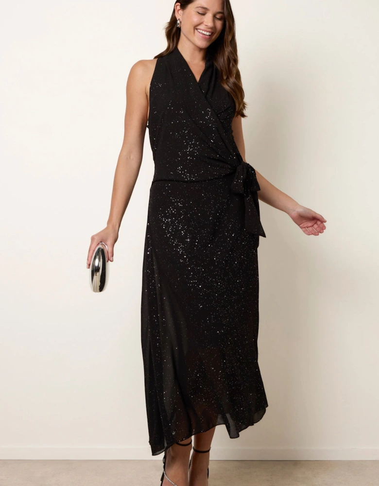 Black Wrap Knit Halter Shape Dress