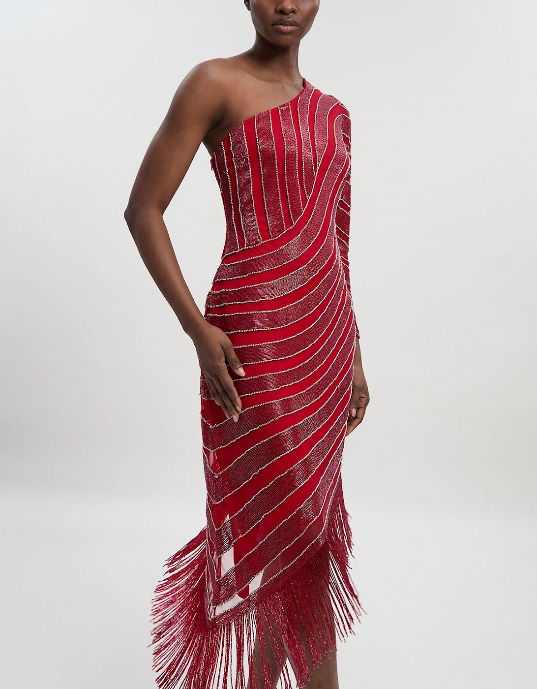 Petite Thigh high Split Embellished Woven Fringed Midi Dress, 2 of 1